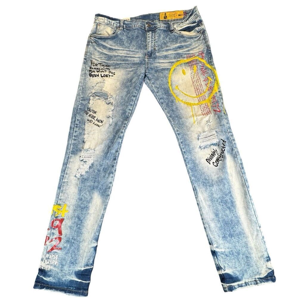 Industrial Indigo 42x34 Smiley Jeans Art Y2K Grunge Graffiti Flashy Streetwear